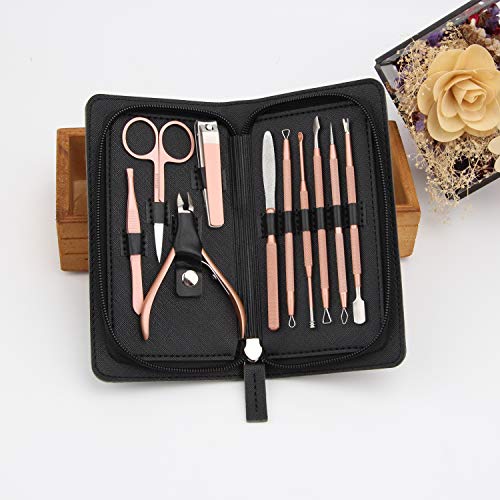 Manicure Pedicure Set Nail Clippers Travel Hygiene Kit Stainless Steel Nail Cutter Care Set Scissor Tweezer Knife Ear Pick Utility Tools Grooming Kits with Leather Case 10 in 1 (Black)