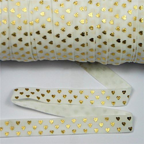 mdribbons Valentine's Day-5/8 Inch,10 Yards Pack-Love Heart Print,Gold Foil Matte Elastic Ribbon FOE-Hair Tie,Hair Band,Headband Supplies,Hair Ponytail Holders-White Color
