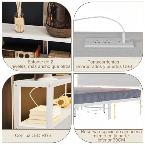 Simple Wisdom Cama Matrimonial 1.4 M con Base y Cabecero de Almacenamiento, 2 Salidas de Carga y 2 Puertos USB y Luces LED (Blanco)