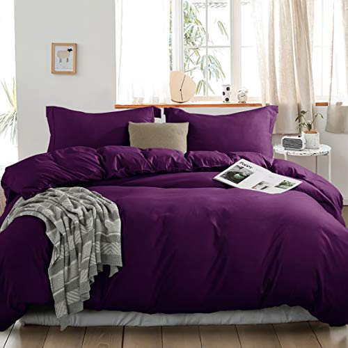 INGALIK Bedding 3 Piece Duvet Cover Set Queen Size with Zipper Closure Ultra Soft Breathable 100% Washed Microfiber Hotel Luxury Solid Color Collection 3pc (1 Duvet Cover + 2 Pillow Shams) Purple