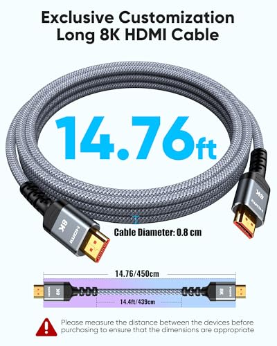 Highwings 8K@60 Long HDMI Cable 15FT, 48Gbps 2.1 High Speed Gaming HDMI Cord 4K120 144Hz RTX 3090 eARC HDCP 2.2&2.3 Compatible for PS5, SoundBar, AVR, UHD TV