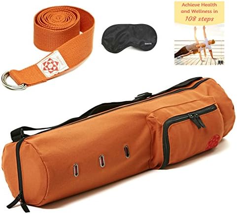 Cotton Yoga Mat Bag w/ Yoga Stretch Strap | Orange Yoga Bag Bundle | Yoga Mat Tote Carrier w/ Pockets for Clothes, Full Zip, Air Vents | Ebook as bonus