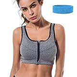 Sports Bras, Shinymod Front Zipper Compression Bra High Impact Fitness Sports Bra Wirefree Workout Hot Yoga Jog Push up Padded Bra with Headband for Women Running Cycling Hiit Treadmill (L, Gray)