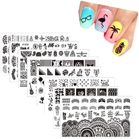 AIFAIFA 8PCS Nail Art Stamping Plate, with Dream Catcher, Skull, Flower, Guiter, Elephant, Pineapple, Cactus, Tropic Pattern