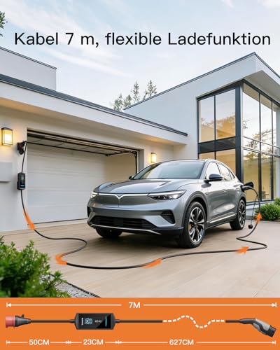 tomons Mobile Wallbox 11 kW with App, Type 2 Charging Cable 7M, 3-Phase 6-16 A 400 V CEE Plug, 2.4 Inch LCD, IP65, Adjustable Charging Power and Start Time, for E Car ID.3/4/5/7, Model Y/3, ENYAQ and
