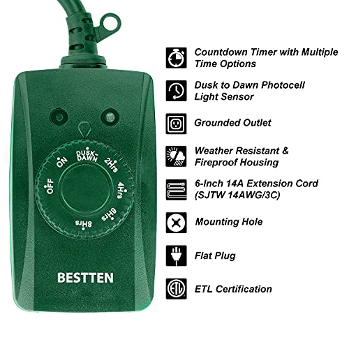 [2 Pack] BESTTEN Weatherproof Outdoor Timer with Photocell Light Sensor