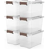 WYT 6-Pack Clear 7 Quart Storage Latch Box/Bins, Plastic Stackable Latching Box with Brown Handle and Lid, Multi-Purpose, 7 L