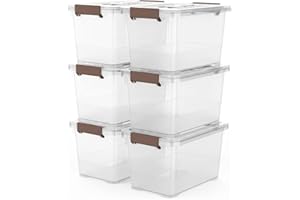 WYT 6-Pack Clear 7 Quart Storage Latch Box/Bins, Plastic Stackable Latching Box with Brown Handle and Lid, Multi-Purpose, 7 Litre