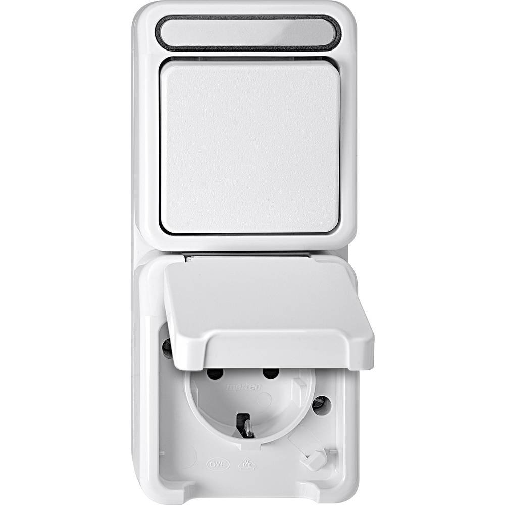 Schneider Electric Merten MEG3494-8019 Combination Surface-Mounted Schuko Socket with Touch Protection/Toggle Switch, Protective Contact Socket, IP44, Polar White, Aquastar