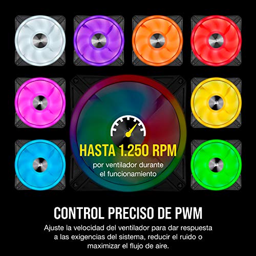Corsair-iCUE-QL140-RGB-Ventilador-LED-RGB-68-LED-RGB-Direccionables-Individualmente-De-Hasta-1250-RPM-Silencioso-Amortiguadores-Antivibraciones-Paquete-doble-con-Lighting-Node-CORENegro