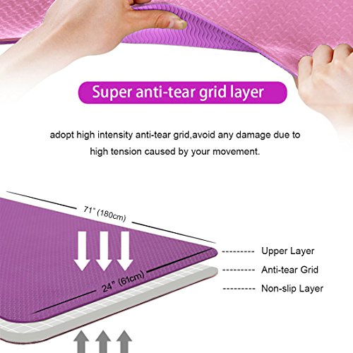FARLAND Non Slip Yoga Mat with Carrying Strap - Eco Friendly TPE Workout Mat Exercise Mat,Anti-tear Hot Pilates Fitness Yoga Mat in Home & Gym (Pink Purple)