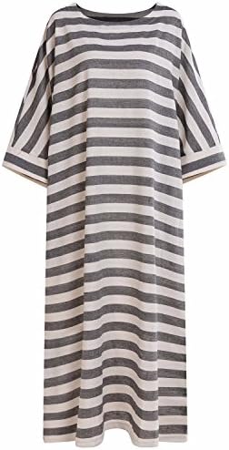 LANISEN Women's Vintage Striped Plus Size Cotton Linen Loose Kaftan Maxi Dress Black L