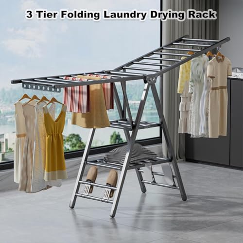 Zucng Folding Clothes Dryer Clothes Drying Rack with 4 Shoe Holder, Foldable 3-Tier Laundry Hanger Free-Standing Dryer Rack 3 Height Adjustable Clothes Drying Rack, Windproof (Grey)