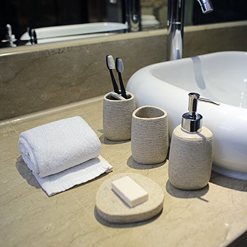 Evelyne GMT-10004 Resin Sandstone Bathroom Amenity Accessory Set Included Dispenser, Soap Tray, Toothbrush Holder and Tumbler