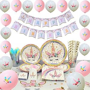 Conjunto de Suministros de Fiesta de Unicornio – Cumpleaños para Niñas Bolsa de Cubiertos Mantel Platos Servilletas Pancartas Globos Tazas Utensilios Sirve a 16 Invitados 169 Piezas