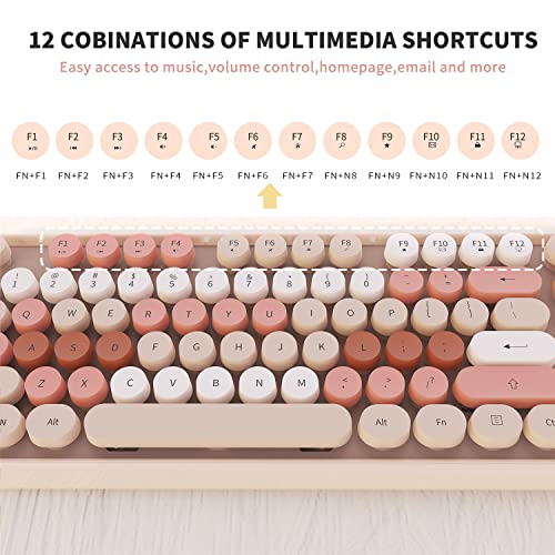 Wireless Keyboard and Mouse Combo, Ergonomic Full Size Typewriter Retro Round Keycaps Keyboard, Compatible with Windows, PC, Perfer for Home and Office Keyboards (Chocolate)