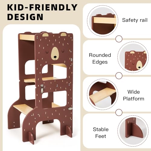 labebe Montessori Tower Kids Large Size Wooden Folding Montessori Tower 3 in 1 Multifunctional Montessori Tower with Blackboard Brown Bear