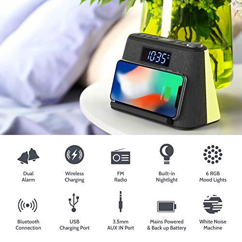 Alarm Clock Bedside Non Ticking LCD Alarm Clock with USB Charger & Wireless QI Charging, Bluetooth Speaker, FM Radio, RGB Mood LED Night Light Lamp, Dimmable Display and White Noise Machine
