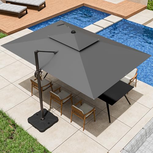 ZLACUIU 9x12FT Grey Cantilever Outdoor Patio Umbrella with Base, Large Rectangular Offset Design, Double Top Heavy Duty Aluminum Frame & 360° Rotation for Pool Garden Deck Backyard
