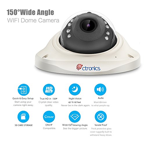 Ctronics-150-Wide-ViewIP-Camera-WIFI-Wireless-Security-Camera-Surveillance-Dome-Camera-VandalproofAudioHD-720PNight-VisionMotion-DetectEmail-AlertPCPhoneTabletCMS-Remote16G-SD-Included