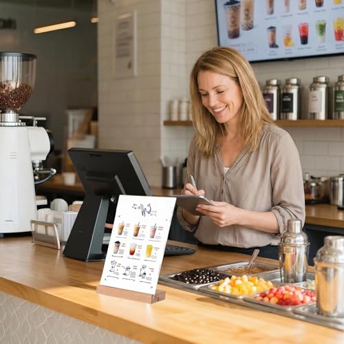 Eulihent 6 Pieces Plexiglass Display Stand A6 Table Display Stand Wooden T Shape Acrylic Sign Holder for Offices, Restaurants, Hotels (10 x 15 cm)