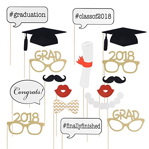17 PCS Graduation Party Masks Photo Booth Props Mustache Set,2018 Arts and Crafts Glasses Party Funny Mask Caps Lip kit,Magnetic Booth Props Mustache Tie On Stick Grad Party.