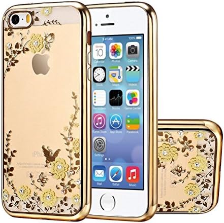 iPhone SE Case, Naoho® New Fashion Soft TPU Plating Frame Secret Garden with Diamond Case for iPhone SE/5/5S Phone Back Cover Silicon Gel Flower Ultra Thin Case (Gold color Yellow Flower)