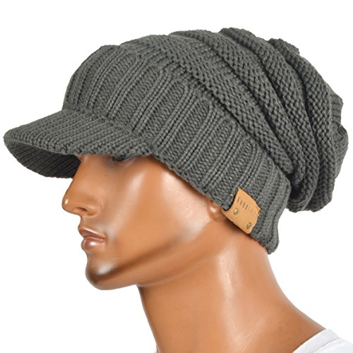 Mens Womens Thick Fleece Lined Knit Newsboy Cap Slouch Beanie Hat with Visor (Thick-Grey)