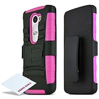 LG LEON Holster Case, [HOT PINK/ BLACK] Supreme Protection Hard Plastic Case w/ Kickstand on Silicone Skin Dual Layer Hybrid Case w/ Holster - Fantastic Protection! + Free KarenDeals Microfiber Cloth