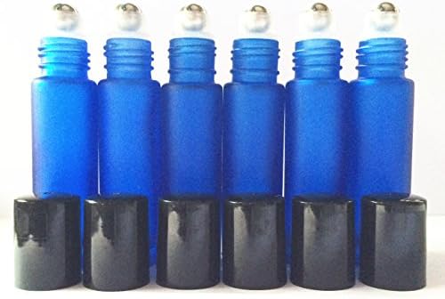 Sinospore Roller Bottles with Metal Ball, Cobalt Frosted Glass Black Plastic Lid, 10ml, Set of 6, Blue