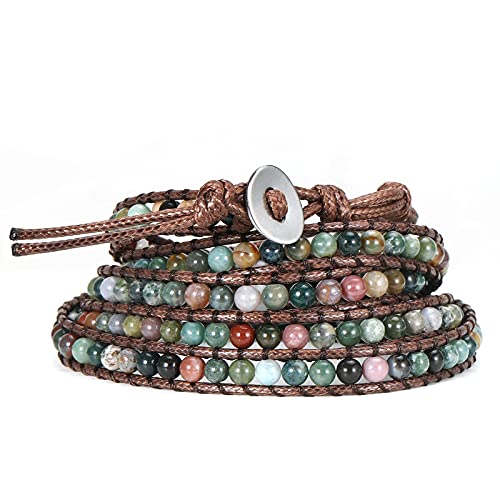 Emibele Wachsschnur Armband Ketten, Achat Perlen Wrap Armband mit Edelstahlschnalle, Einstellbare Länge Handgefertigtes Handgelenk Gewebte Gewinde Schmuck Zubehör für Damen Frauen & Mädchen - Grün