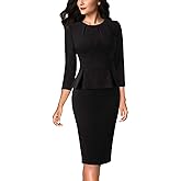 VFSHOW Womens Pleated Crew Neck Peplum Slim Work Business Dress Elegant 3/4 Sleeves Office Church Bodycon Pencil Sheath Dress