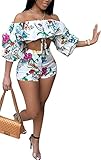 Molisry Women's Off Shoulder Ruffle Floral Print Crop Top Short Pants Jumpsuits 2 Piece Outfits