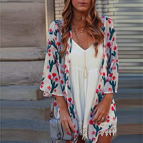 HTDBKDBK Kimono Cardigan for Women Women Tops Summer Cactus Print Flare Sleeve Half Sleeved Cardigan Tops White