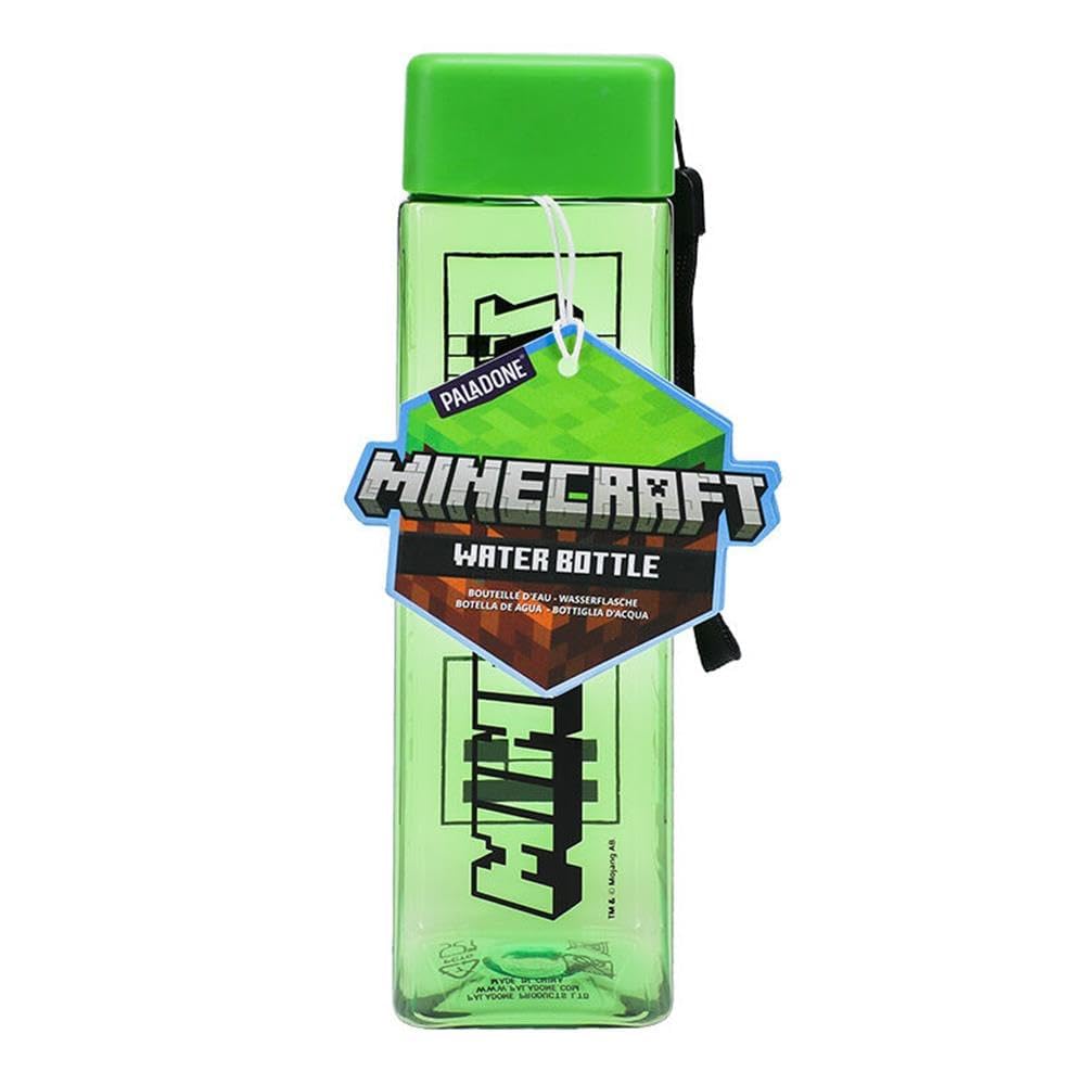 Paladone Minecraft Water Bottle - Officially Licensed Block Shaped Green Drinkware for Gamers with Carry Strap and Straw