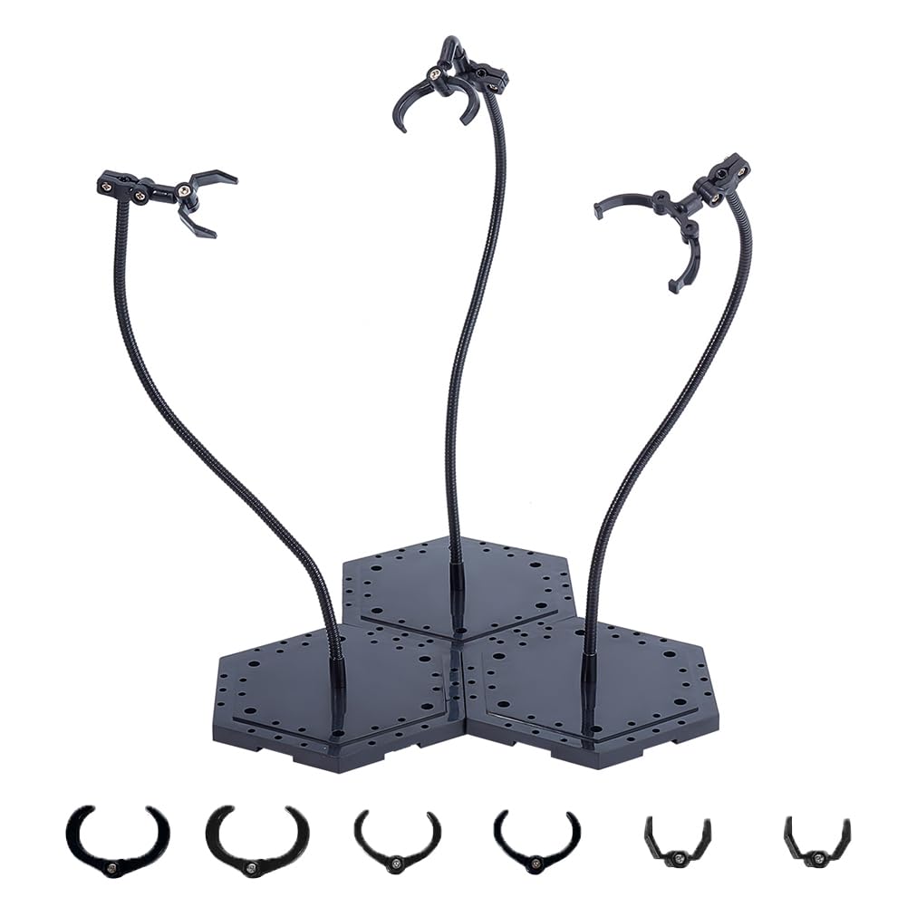 FINGERINSPIRE 3pcs Action Figure Stand Figure Stand Black Action Figure Display Holder Base Hexagon Display Holder with 12pcs Waist Clips Adjustable Bone Acrylic Stand Support for Figure