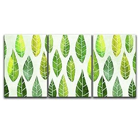 3 Panel Canvas Wall Art - Watercolor Style Leaves Pattern - Giclee Print Gallery Wrap Modern Home Art Ready to Hang - 16"x24" x 3 Panels