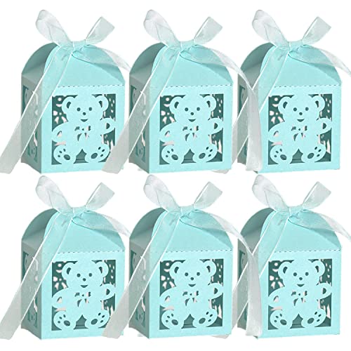 ALLHEARTDESIRES 50 Pack Blue Teddy Bear Favor Gift Boxes for Boy Baby Shower Decoration Paper Treat Goodies Bag Candy Box for First Birthday Gender Reveal Kids Party Supplies