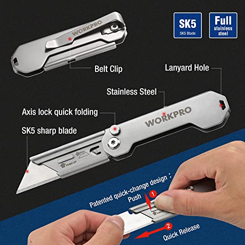 WORKPRO Folding Utility Knife, Quick Change Blades Box Cutter, 3-Pack EDC Foldable Pocket Utility Knife Sets with Belt Clip