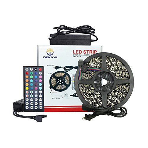WenTop Black Led Strip Lights Kit DC 12v UL Listed Power Supply Non-waterproof SMD 5050 16.4 Ft (5M) 300leds RGB 60leds/m with 44Key Remote Led Tape Lights Color Changing Under Cabinet Lighting