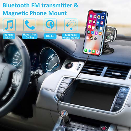 Comsoon Bluetooth FM Transmitter & Magnetic Phone Car Mount, 2 in 1 Car Kit with Quick Charge 3.0 + 5V/2.4A Smart IC Dual USB Car Charger, 360Â° Rotatable Dashboard Cell Phone Holder