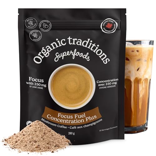 Organic Traditions Focus Fuel Mushroom Coffee, Instant Coffee with Lion’s Mane, MCT Oil Powder, Adaptogens, Coconut Milk, Smooth Dairy Free Blend for Daily Focused Energy, Organic Coffee, 280g / 10oz