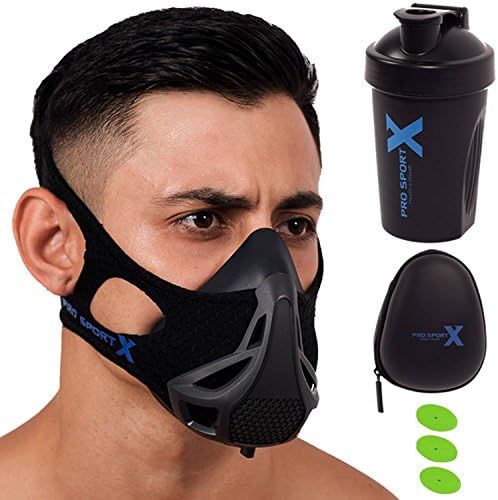 ProSportX Training Mask + Shaker Bottle + 3 Air Resistance Valves for Longer use + Case + Ebook + UserGuide Best Workout Fitness Mask for Men Women at Gym Running Endurance Elevation Cardio Breathing