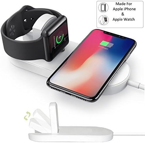 Tiehnom 2 in 1 Apple Watch Charger & iPhone Wireless Charger Charging Stand, Ultra-thin 2 in 1 Qi Wireless Charging Pad Stand for Apple Watch Series 2/3, iPhone X/8/8 Plus, Samsung Android (White)