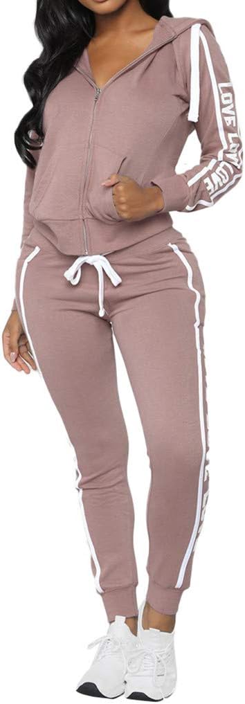 Homstar2 Pieces Fashion Women Casual Stripe Long Sleeve Pullove Sport Tops+Long Pants Set, Women's Hooded Love Print Sports Set Tracksuit Ladies Playsuits Sportswear Strip Up Hoodies