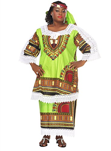 African Planet Women's Dashiki Lime Green Printed Skirt Lace Afrocentric Inspire