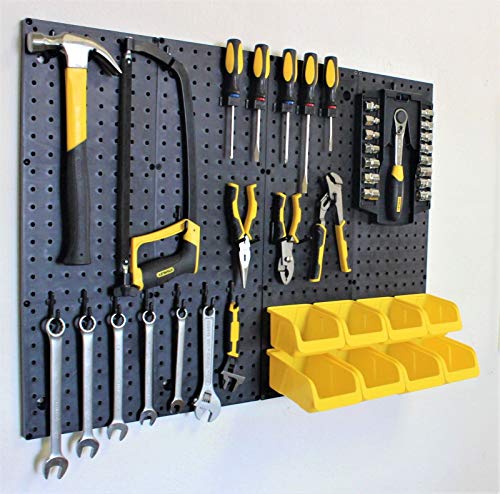 WallPeg Garage Storage System with Panels, Bins, Peg Board Hooks and Panel Set - Tool Parts and Craft Organizer (Kit with 8 Bins)