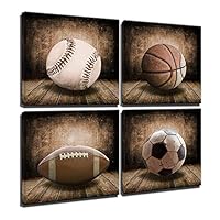 Rustic Soccer Football Baseball Basketball on Vintage Wood Grain Floor Fine Art Prints Sports Decor Soccer Nursery for Kids Boy Room Decoration,Framed (Vintage, 12x12inchx4pcs (30x30cmx4pcs))