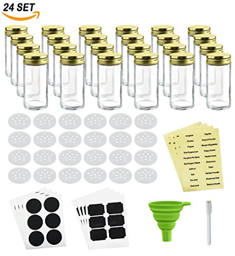 Nellam French Round Glass Spice Jars â€“ Set of 24 with Shaker Lids and Chalkboard Sticker Labels, Small 4oz Bottles - Stackable Herbs and Spices Containers - Decorative Organizers in Gold