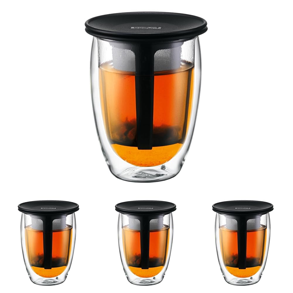 Bodum 12oz Tea Strainer w/Lid, Double Wall, High-Heat Borosilicate Glass, Black (Pack of 4) Image